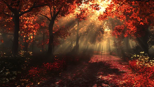 Sunlit woodland path with dense red autumn foliage.