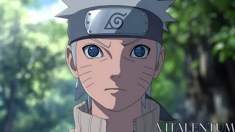 Anime ninja youth with headband and patterned blue eyes.