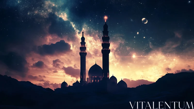 Silhouetted mosque rises under luminous galactic night sky