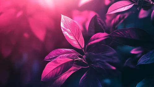 Leaves are illuminated by magenta and blue directional light