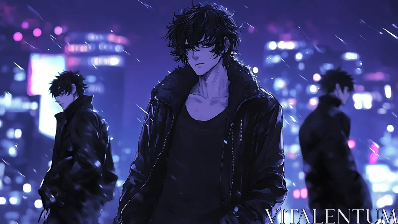 Midnight loner in neon city rain finds quiet resolve