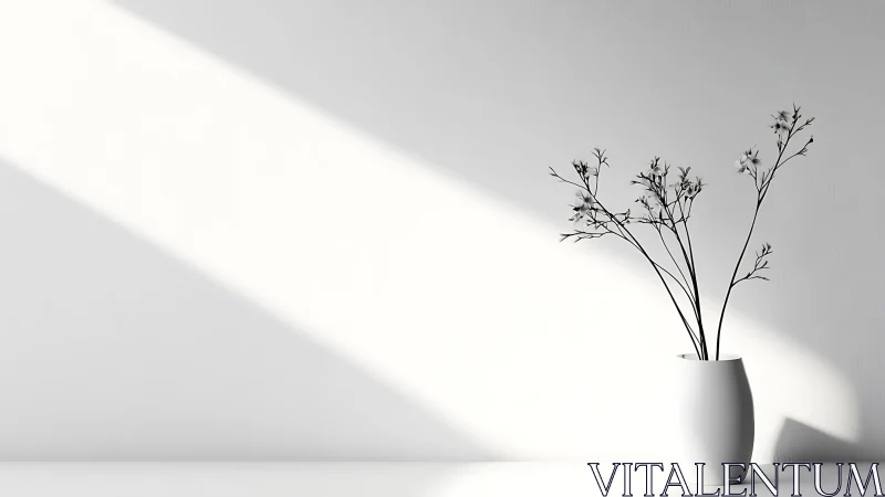 Minimalist white vase under diagonal natural light beam.