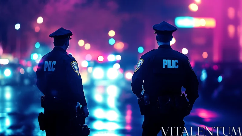 Police officers stand watch under neon city night lights