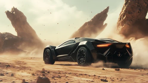 Futuristic supercar racing through cinematic desert storms.