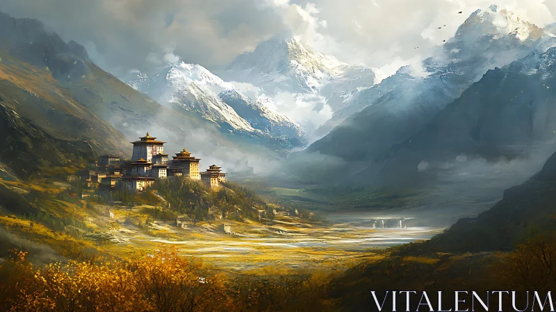 Mountain monastery city glows beneath towering snow peaks.