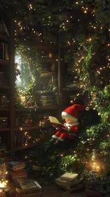 Elf child discovers a glowing story in a secret forest library.