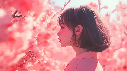 Profile portrait of girl surrounded by pink blossoms.