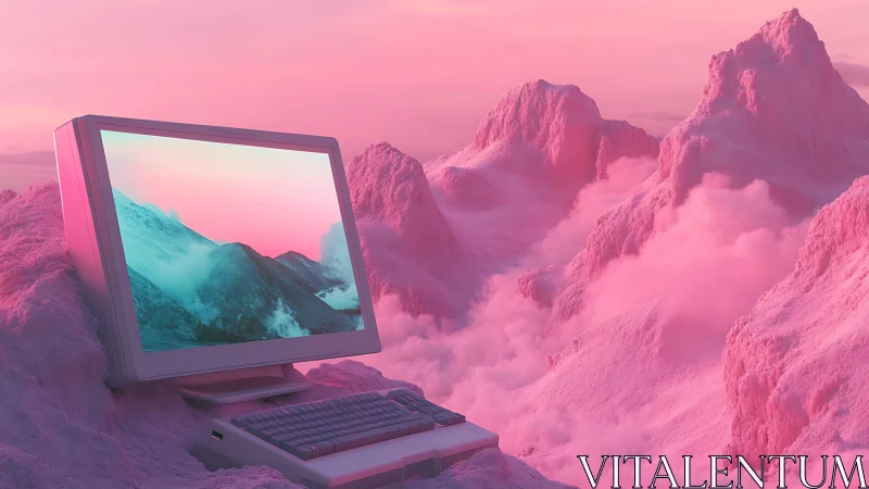 Retro CRT workstation embedded in surreal pink mountain cloudscape