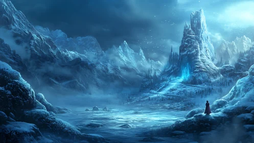Wanderer beneath the glowing icebound fantasy citadel.