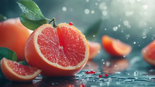 Sliced grapefruit under directional backlight reveals wet pulp detail