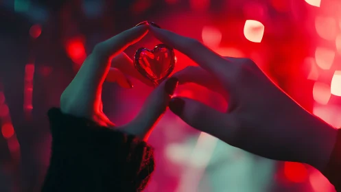 Neon Heart Symphony: Luminescent Love Held Aloft in Crimson Light.