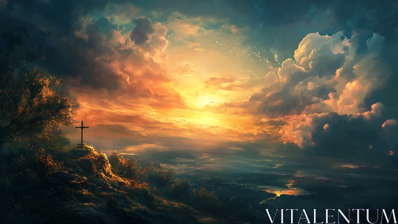 Luminous valley horizon with cross-silhouetted escarpment at dusk.