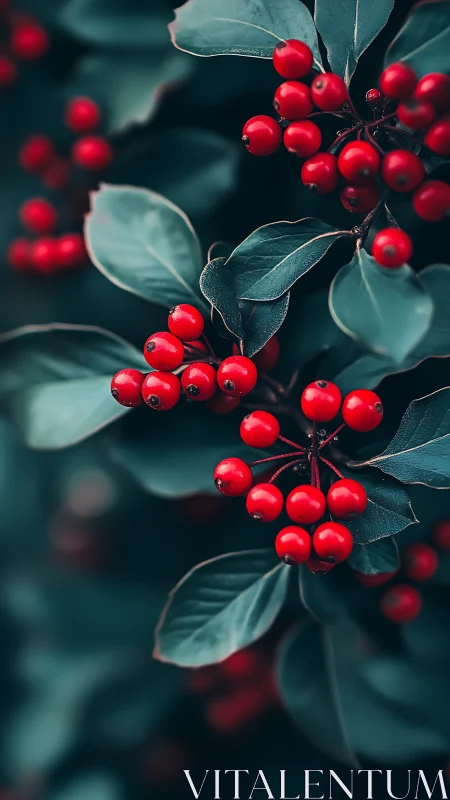 Macro study of red berries with teal foliage and shallow focus