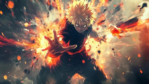 Anime explosive hero in dynamic fiery action composition.