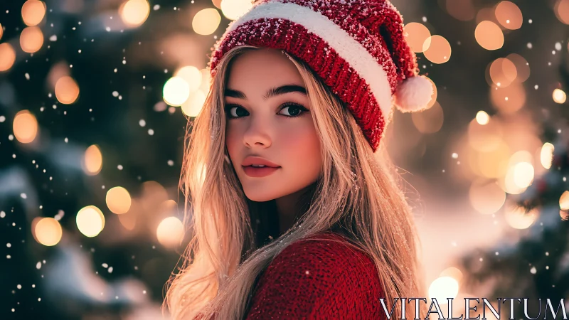 Young woman in red Santa hat in soft winter lighting.