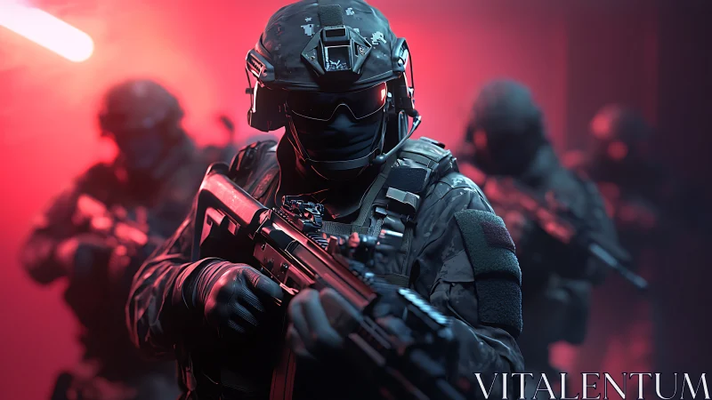 Photoreal tactical squad in red-lit corridor composition.