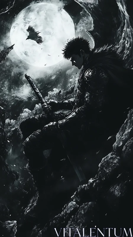 Moonlit lone warrior rests with sword beneath a vast sky