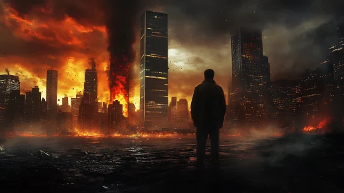 Lone figure observing inferno over collapsing cityscape.