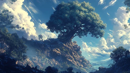 Ancient oak atop rocky ridge under dynamic cumulus sky