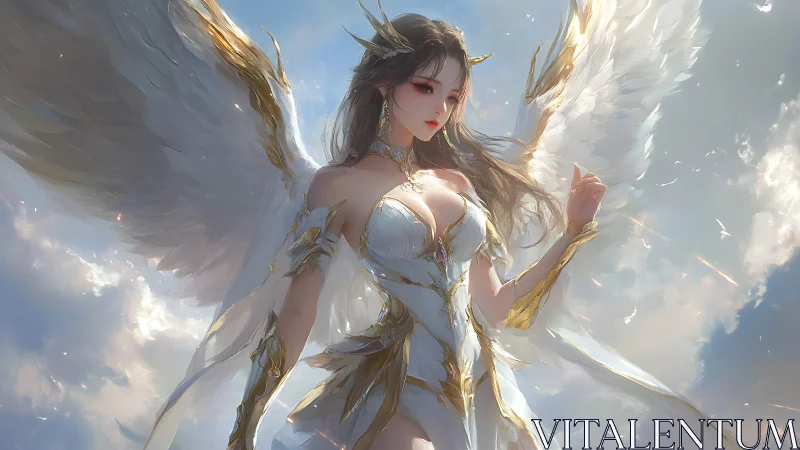Winged armored woman stands in bright sunlit sky scene.