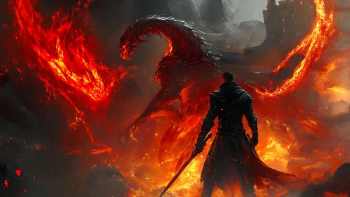 Lone warrior confronts infernal dragon amid a burning citadel