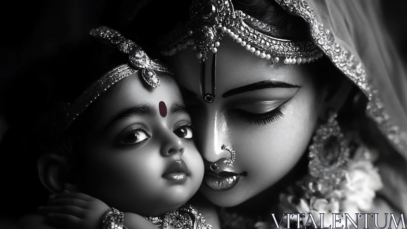 Tender devotional embrace between mother and child idols.