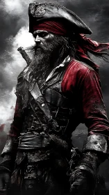Storm-toughened pirate captain stands bold against dark seas