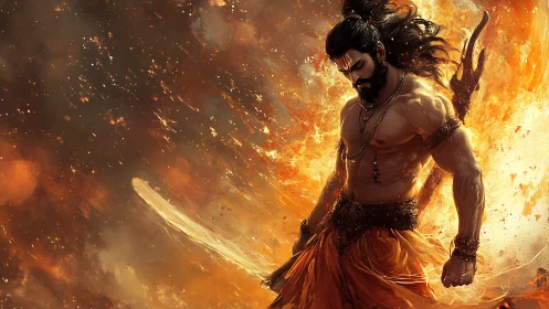 Warrior figure stands amid dynamic fire and motion effects