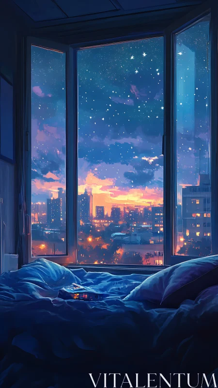 Bedroom interior overlooks illuminated city skyline at dusk