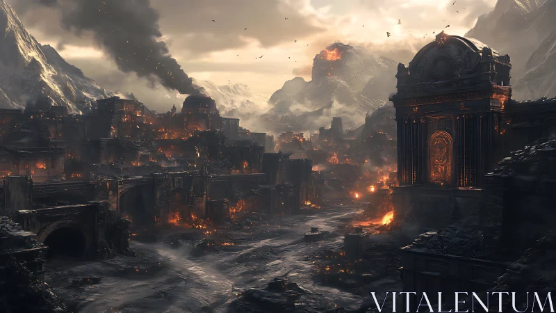 Burning mountain city bathed in molten twilight glow.