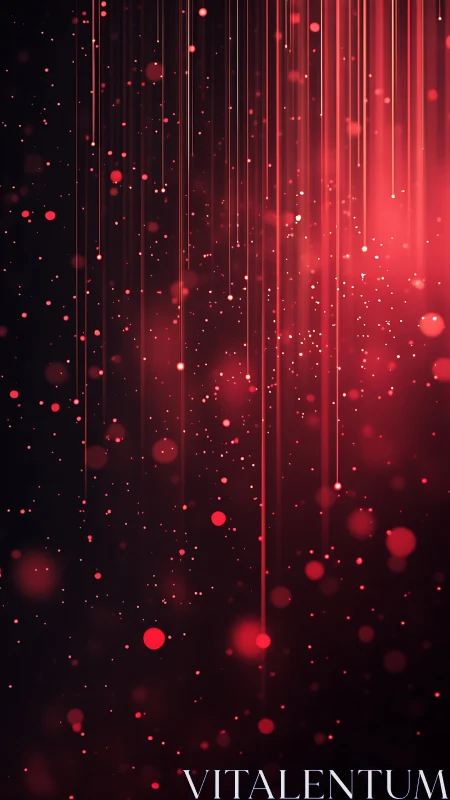 Vertical red light streaks intersect dispersed bokeh particles