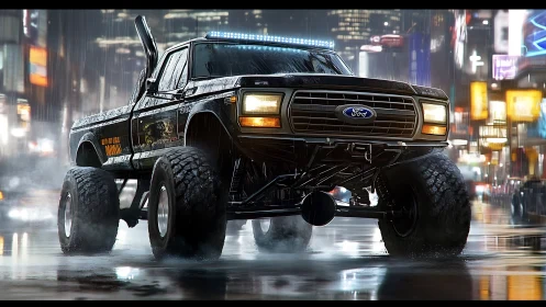 Lifted Ford monster truck in wet neon city street scene.