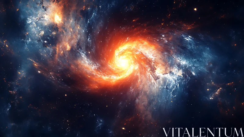 Fiery spiral galaxy glows in deep blue star field.