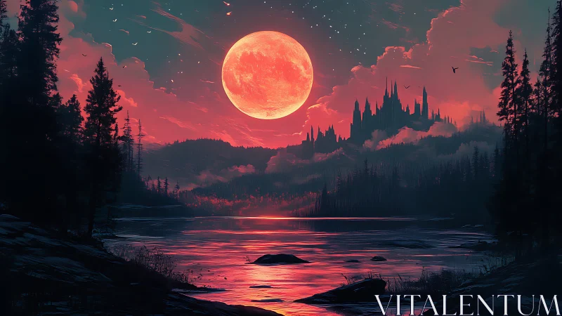 Red lunar horizon over forest lake and distant castle forms.