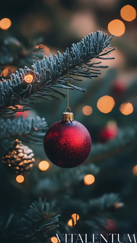 Red bauble ornament on frosted fir branch with bokeh lights.