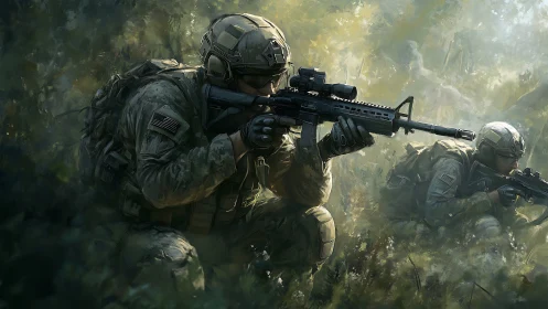Digital painting of tactical soldiers in forested combat stance.