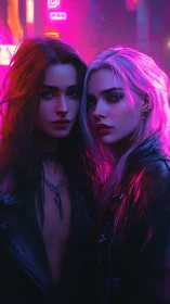 Two edgy women in neon city light, close portrait view.