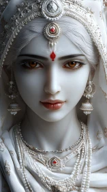 Photorealistic pearl-draped queen with jeweled bindi focus.