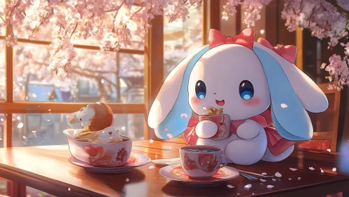 Blossom café bunny savoring cocoa under drifting petals.