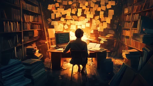 Solitary coder studies code amid towering paper archives