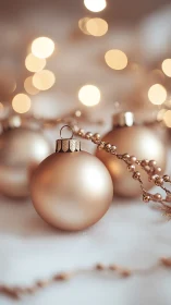 Soft golden Christmas ornaments glow in warm holiday bokeh.