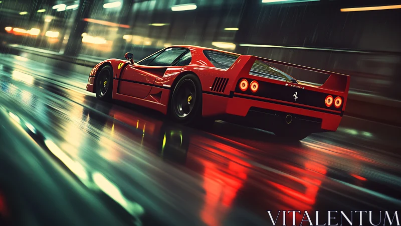 Red supercar powers through neon city rain at speed.