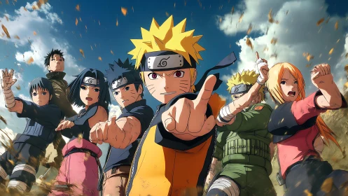 Dynamic anime ninja team in wind‑swept battle formation