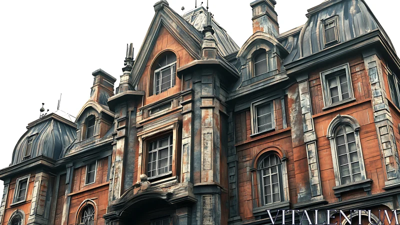 Weathered neo-baroque mansion façade under diffuse daylight