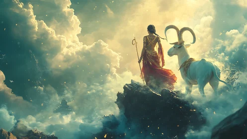 Dawn journey with celestial goat and sky-wrapped guardian.