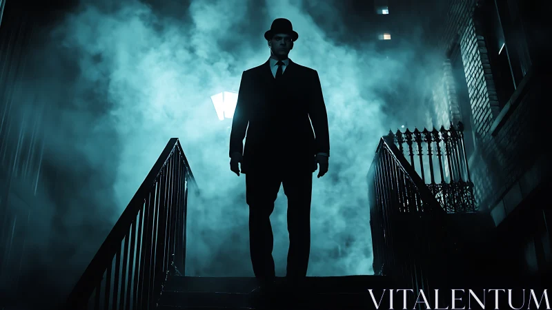 Mysterious man in suit stands on smoky night staircase.