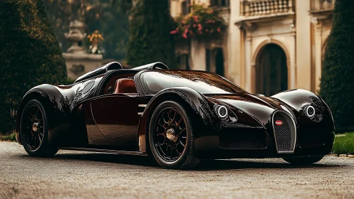 Black Bugatti hypercar outside classic luxury villa.