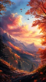 Autumn mountain valley under vivid sunset sky panorama.