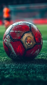 Red match football rests on wet pitch under stadium lights