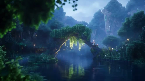 Pixelated forest bridge over river in block-based dusk scene.